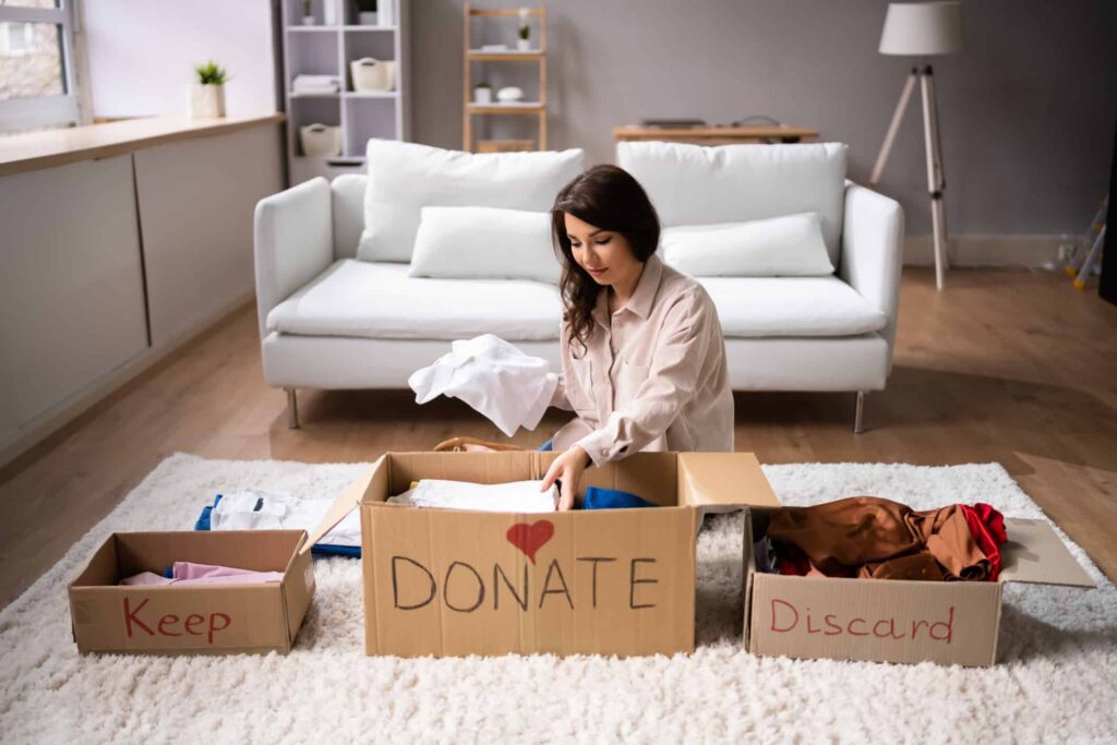 Woman clearing out her home sorting unwanted item into 3 labelled boxes